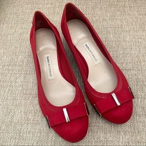 EUC Dana Buchman Red Buckle Low Heels, Faux Suede, 6.5